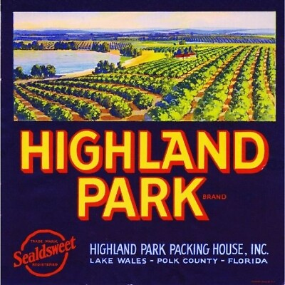 #ad Highland Park Brand Orange Lake Wales Florida Citrus Fruit Crate Label Art Print $12.50