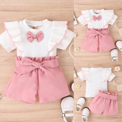 #ad 2PCS Newborn Toddler Girls Baby Bow Frill Tops Shirt Shorts Clothes Outfit Set $14.71