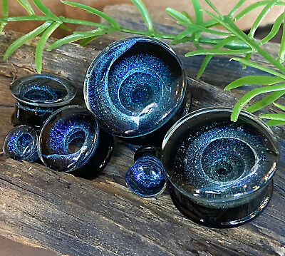 #ad PAIR Blue Vortex Swirl Design Pyrex Glass Plugs Gauges Body Jewelry $17.95