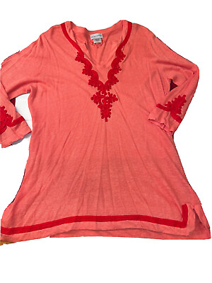 #ad 1X Soft Surroundings PEACH LINEN KNIT Tunic sweater Embroidery VNeck BEACH Swim $35.00