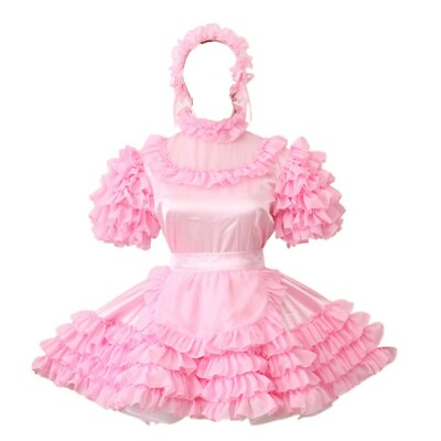 #ad baby Sissy Maid Satin Pink Puffy Lockable Dress cosplay Tailor made $21.82