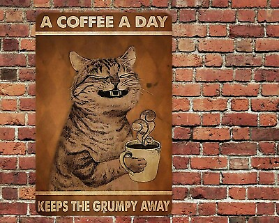 #ad A Coffee A Day Grumpy Away Cat Metal Aluminum Sign 8quot;x12quot; Funny Kitchen Retro $12.75
