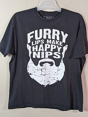 #ad Furry Lips Make Happy Nips Funny Parody Manly Beard Black Graphic T shirt SZ XL $16.00
