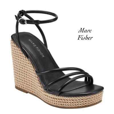 #ad Marc Fisher Zeki Black Buckle Strap Rope Platform Wedge Sandals NIB Size 9.5 $63.99