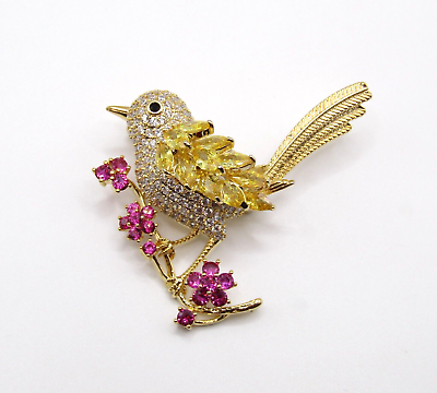 #ad Exquisite New 18KYGP Yellow White and Pink Pave Cubic Zirconia Canary Pin 1 3 4quot; $43.97