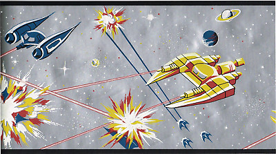 #ad Star Wars Theme Spaceship Space Planets Kids Metallic Silver Wallpaper Border $23.99