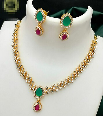 #ad Gold Plated Indian Bollywood AD CZ Chain Jewelry Necklace Earrings Emerald Set $19.54