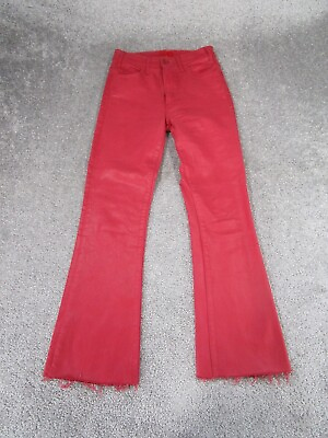 #ad Mother Jeans Womens 24 The Hustler Ankle Fray Red Shiny Denim Flare $64.99