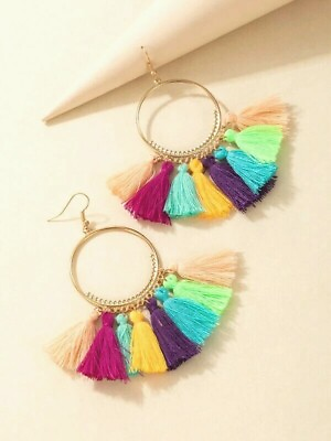 #ad NEW Gold Rainbow Colorful Fringe Tassel Earrings Boho Hippie Fashion Drop Dangle $3.24
