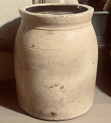 #ad Antique Ivory Glazed Stoneware Pottery Crock Jar 8.5”H $52.55