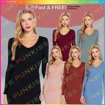 #ad Women#x27;s Cotton Ribbed Mini Dress💋Long Sleeve V Neck Basic Clubwear Nightwear $13.99