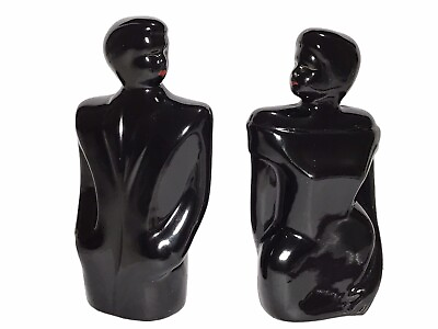 #ad Art Deco Black Glazed Ceramic Man amp; Woman Bust Figurine Set 1980s Home Decor $37.99