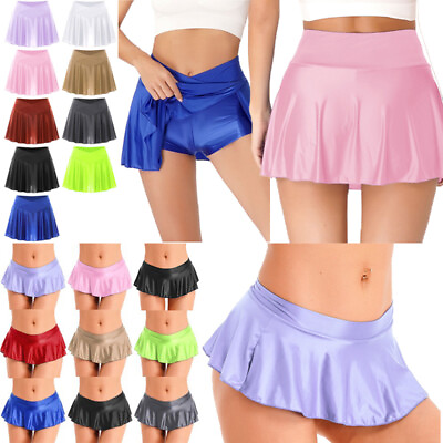 #ad Women#x27;s Solid Flared Skirt Sexy A Line Latex Party School Mini Skirts Clubwear $9.29