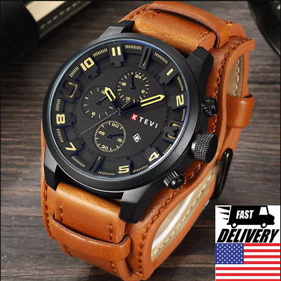 #ad Men Military Quartz Watch Large Dial Casual Leather Strap Mens Wristwatch $7.49