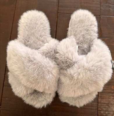 #ad LC Lauren Conrad Womens Slide Slipper Double Cross Band Faux Fur Ivory Sz 6 7 $15.00