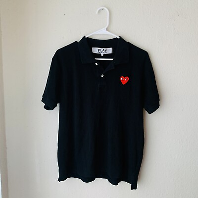 #ad Comme Des Garçon PLAY Black Short Sleeve Polo Shirt Embroidered Red Heart Size L $52.88