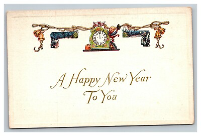 #ad Vintage 1917 New Year Postcard Mantel Clock at Midnight Cute Children Gold Bells $17.97