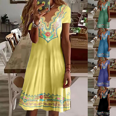 #ad Womens Boho Floral Midi Dress Holiday Beach Ladies V Neck Short Sleeve Sundress. $18.31