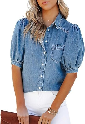 #ad Women#x27;s Summer Puff Sleeve Denim Shirt Business Casual Tops Blouse Button Down $25.99