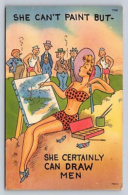 #ad She Can#x27;t Paint But She Certainly Can... Risque Comic Humor Postcard Tichnor 732 $14.99