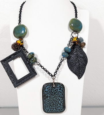 #ad Unique Blue Green Ceramic Bead Black Picture Frame Leaf Necklace 22 inch $7.34