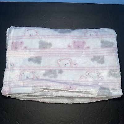 #ad Little Joy Baby Blanket Gray Pink Teddy Bear Stripes Soft Plush Fleece Lovey $29.99