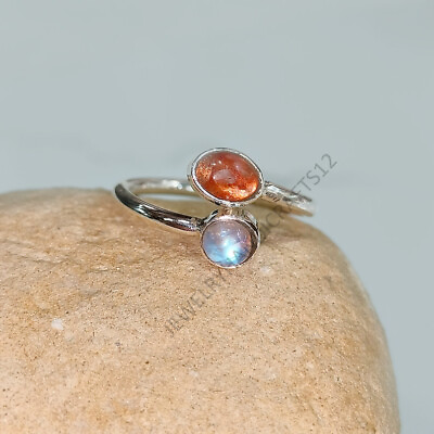 #ad 925 Sterling Silver Ring Rare Oregon Sunstone Moonstone Adjustable Size Ring $36.00