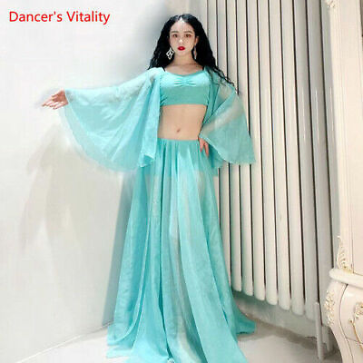 #ad 2022 Belly Dance Costume Mesh Top Long Sleeve Slit Skirt Costume Set $81.64