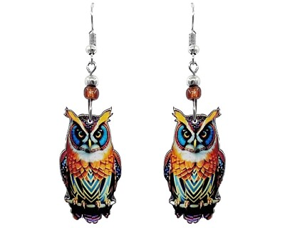 #ad Acid Owl Earrings Psychedelic Bird Spirit Animal Art Trippy Nature Boho Jewelry $13.99