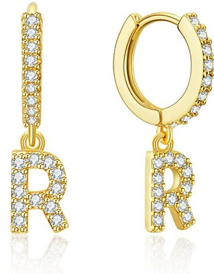#ad Initial Earrings Letter R Hoop Letter Huggie Earrings Gold Pleated Zirconias $9.99