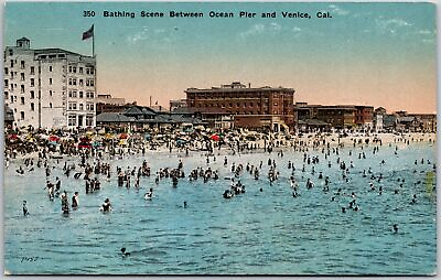 #ad Bathing Scene Between Ocean Pier amp; Venice California CA Resort Building Postcard $11.17