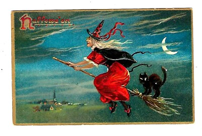 #ad 1909 Tuck#x27;s #150 Holloween Postcard Witch amp; Black Cat On Broom Embossed $75.99