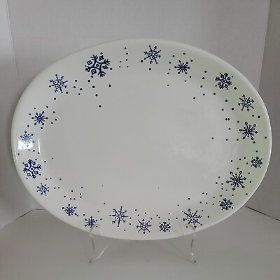 #ad Anchor Hocking 16quot; Oval Serving Platter White w Blue Snowflakes $15.99