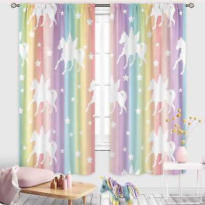 #ad Kids Rainbow Unicorn Curtains Rod Pocket Colorful Starts for Girls Bedroom Cart $34.99