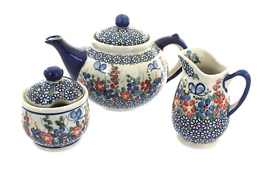 #ad Blue Rose Polish Pottery Garden Butterfly 3 Piece Tea Set $192.50