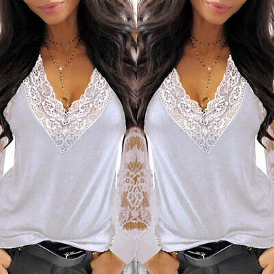 #ad Womens Lace V neck Long Sleeve Tops Blouse Tunic Tee Ladies Casual Loose T shirt $12.99
