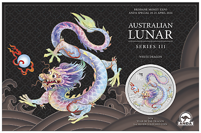 #ad 2024 Australia Lunar Dragon Brisbane ANDA White Dragon 1 oz Silver Coin in Card $92.95