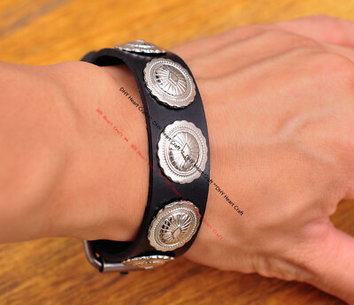 #ad Southeast Tribal Flower Concho Handmade Veg Tan Leather Bracelet Wristband Cuff $9.97