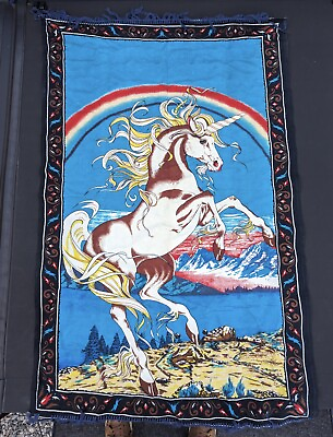 #ad Vintage Large 80s Fantasy Unicorn Rainbow Brushed Tapestry 55x33 Adventure Horse $44.94