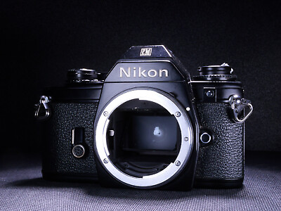 #ad TOP Nikon EM BLACK 35mm SLR Film Camera Body #12 Late Silver Buttons $50.00