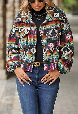 #ad Multicolor Aztec Print Collared Jacket $27.99