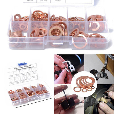 #ad 200pcs 9 Sizes Solid Copper Crush Washers Assorted Seal Flat Ring Hardware Kit $15.72