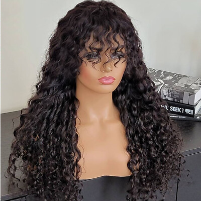 #ad Water Wave Wigs with Bangs Brazilian Remy Hair Scalp Top Full Machine Made Wig $174.40