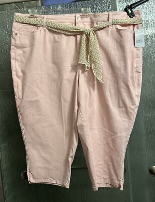 #ad Pink Stretch Denim Capri Pants 50x21 14” Tan Scarf Belt 26W Zip Close Orig $40 $20.00