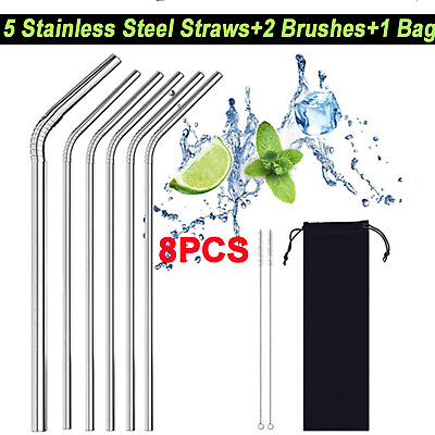 #ad 5 Pcs 10.5quot;Stainless Steel Metal Drinking Straw Straight Straws2 Cleaner Brush $4.99