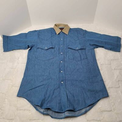 #ad Plains Western Wear Mens Vintage Cowboy Shirt Blue Short Sleeve Pearl Snap S $16.99