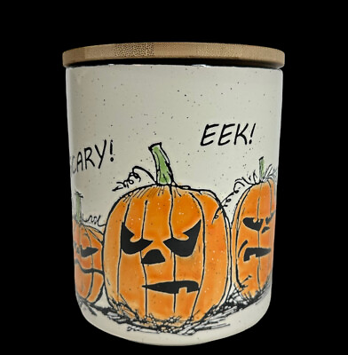 #ad Ceramic Halloween EEK Scary Pumpkin Faces Canister Tall Wood Lid 6quot; $17.99