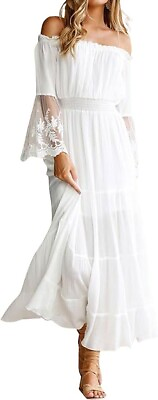 #ad Women Off The Shoulder Maxi Dress Lace Long Flowy Dress Ruffle Tube Beach Vacati $12.99