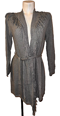 #ad J. JILL Sweater Size XS Gray Shawl Collar Fringe Trim Belted Texture LS Cardigan $23.74