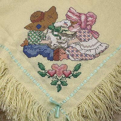 #ad Handmade Fringe Baby Blanket FLAW Yellow Embroidered Images Girl Boy Goose $29.99
